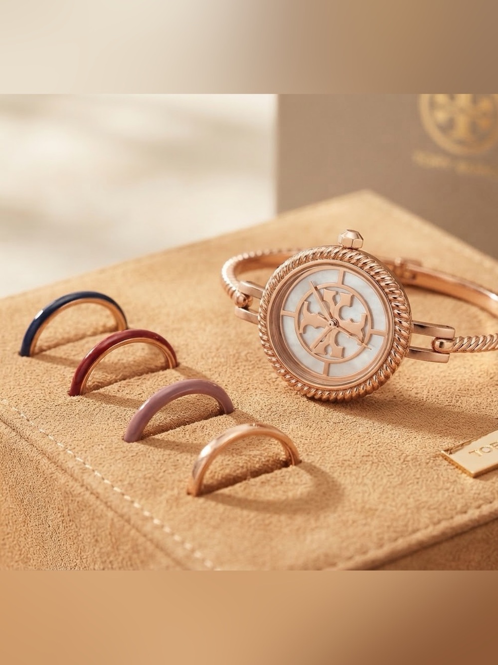 Tory Burch Rose Gold Logo Cutout Bracelet Watch